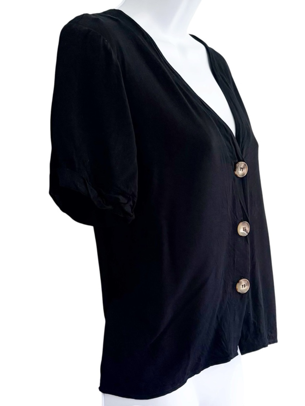 ASOS Black Button Front V-Neck Blouse Short Sleeve Top Women’s Size 6 - Picture 2 of 7